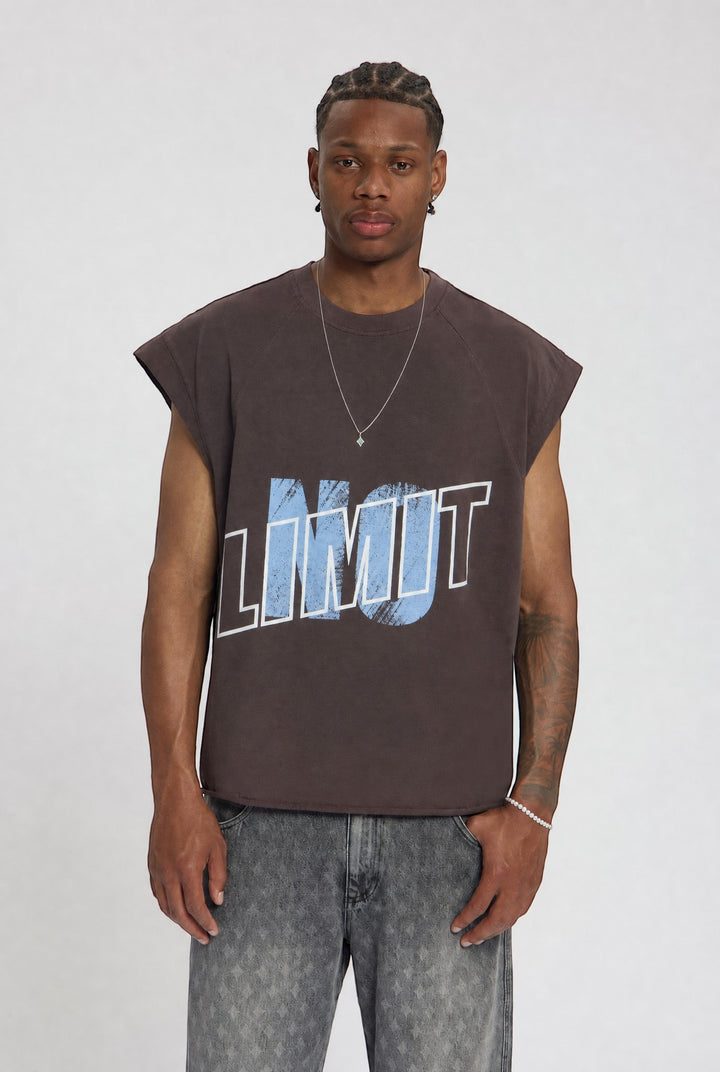 No Limit Couchella sleeveless cotton tee in washed brown with a bold blue and white graphic print on the chest