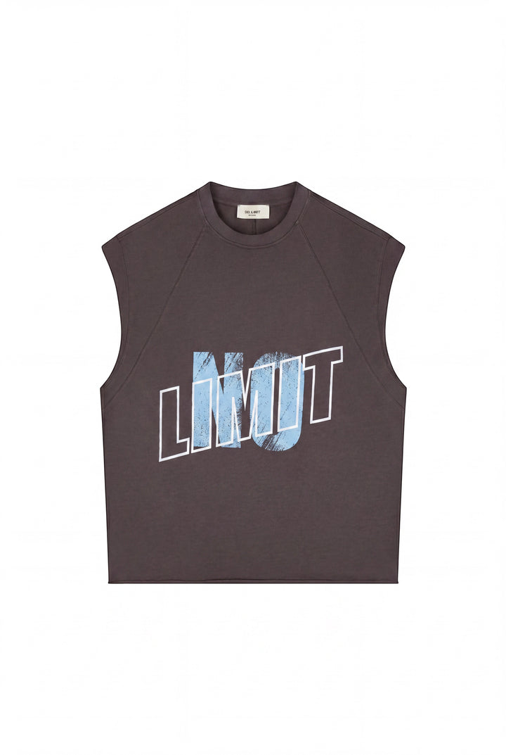 No Limit Couchella sleeveless tee in washed brown cotton with a bold graphic print and raglan armholes