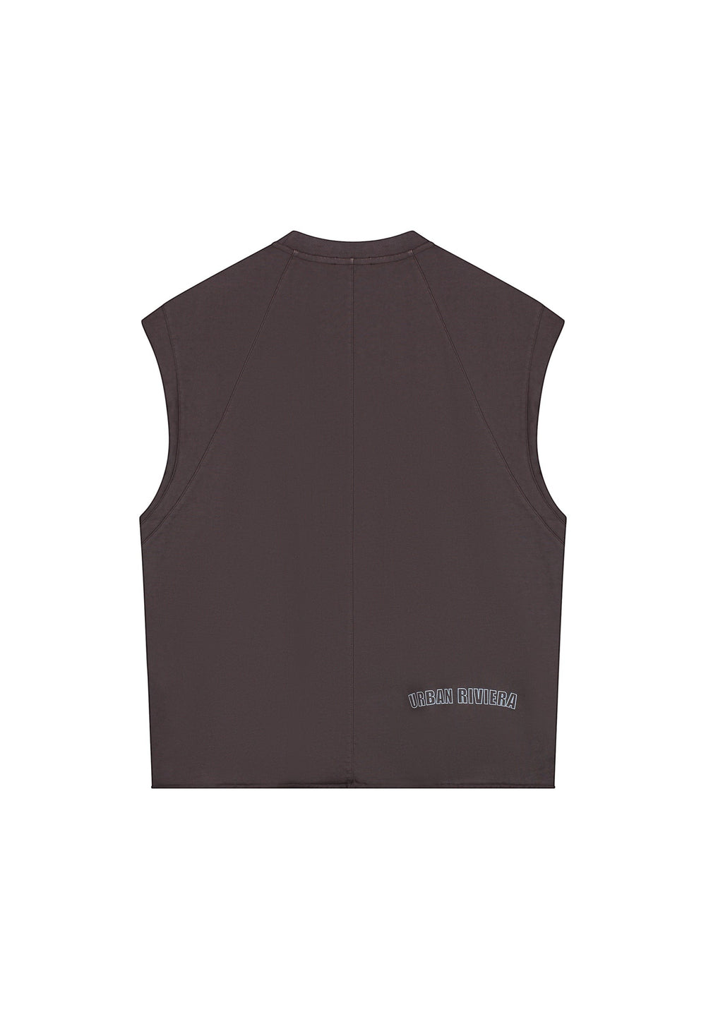 No Limit Couchella sleeveless tee in washed brown cotton with Urban Riviera back print, cropped oversized fit.